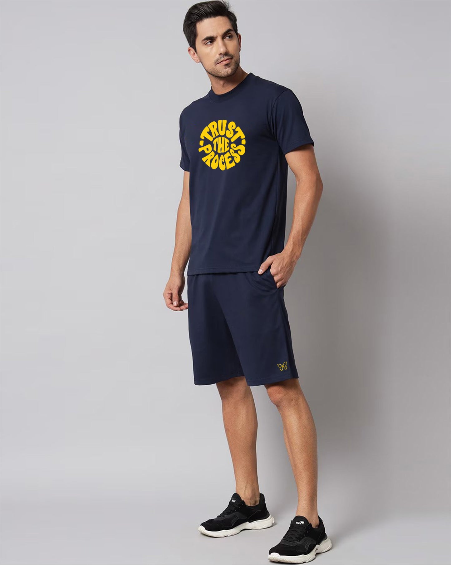 Navy Blue Plain T Shirt Half Sleeve And Shorts With Pocket