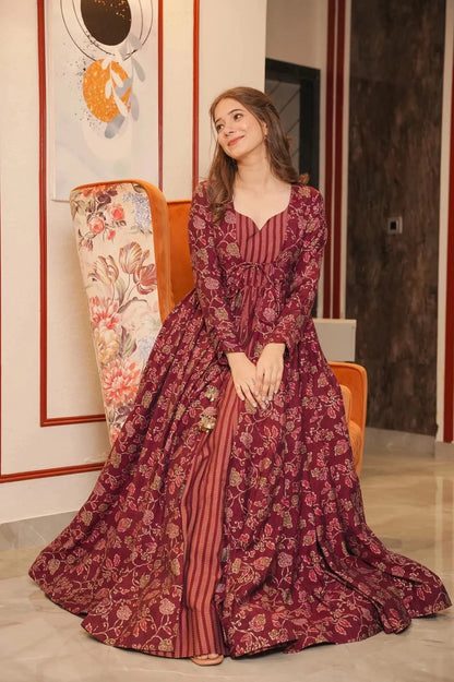 Maroon Floral Full Flair Shrug set for women