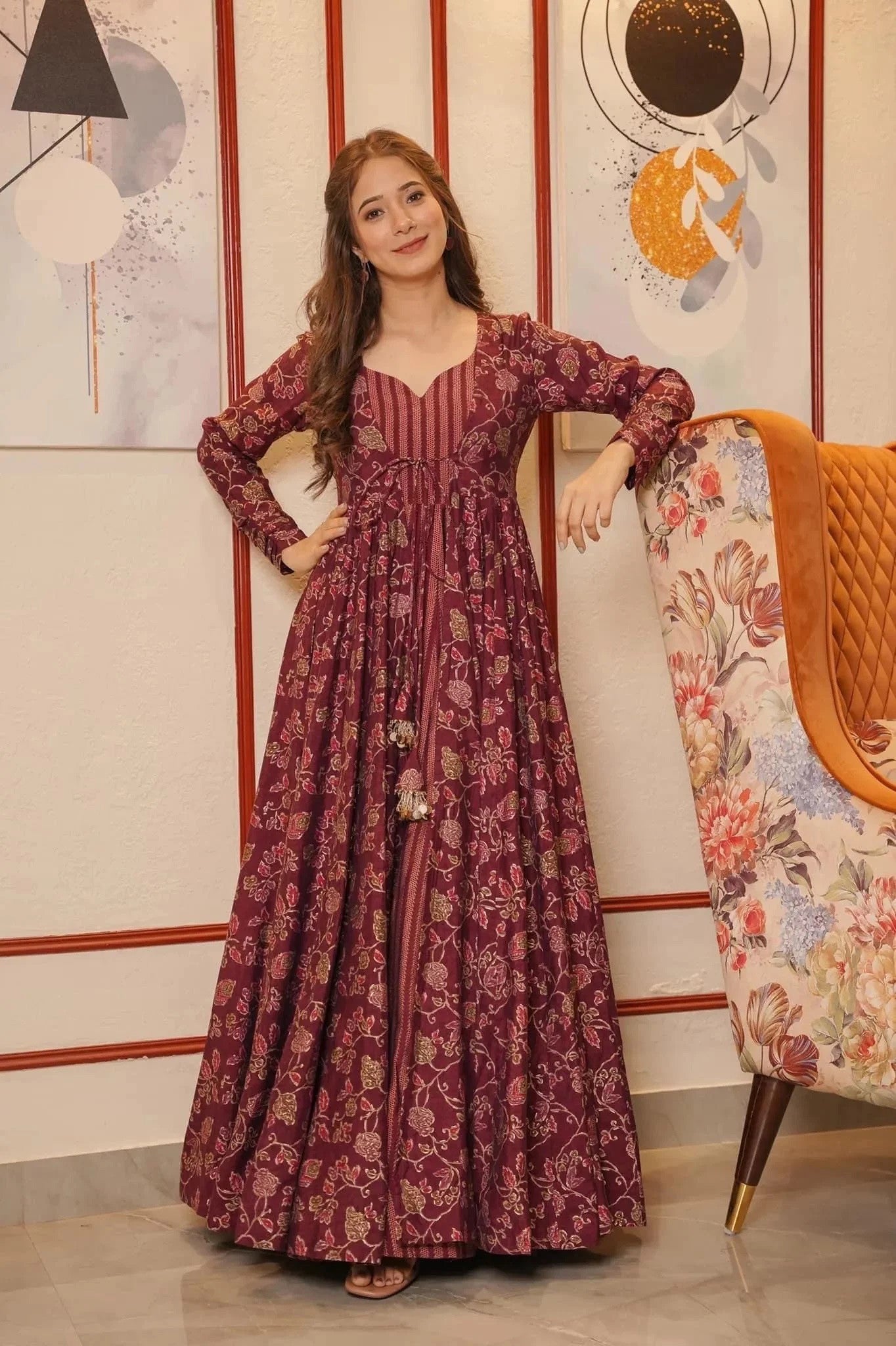 Maroon Floral Full Flair Shrug set for women