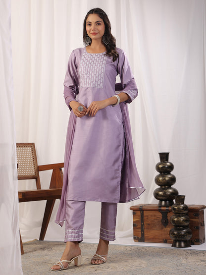 Embroidered Straight Kurta with Trousers & And Dupatta