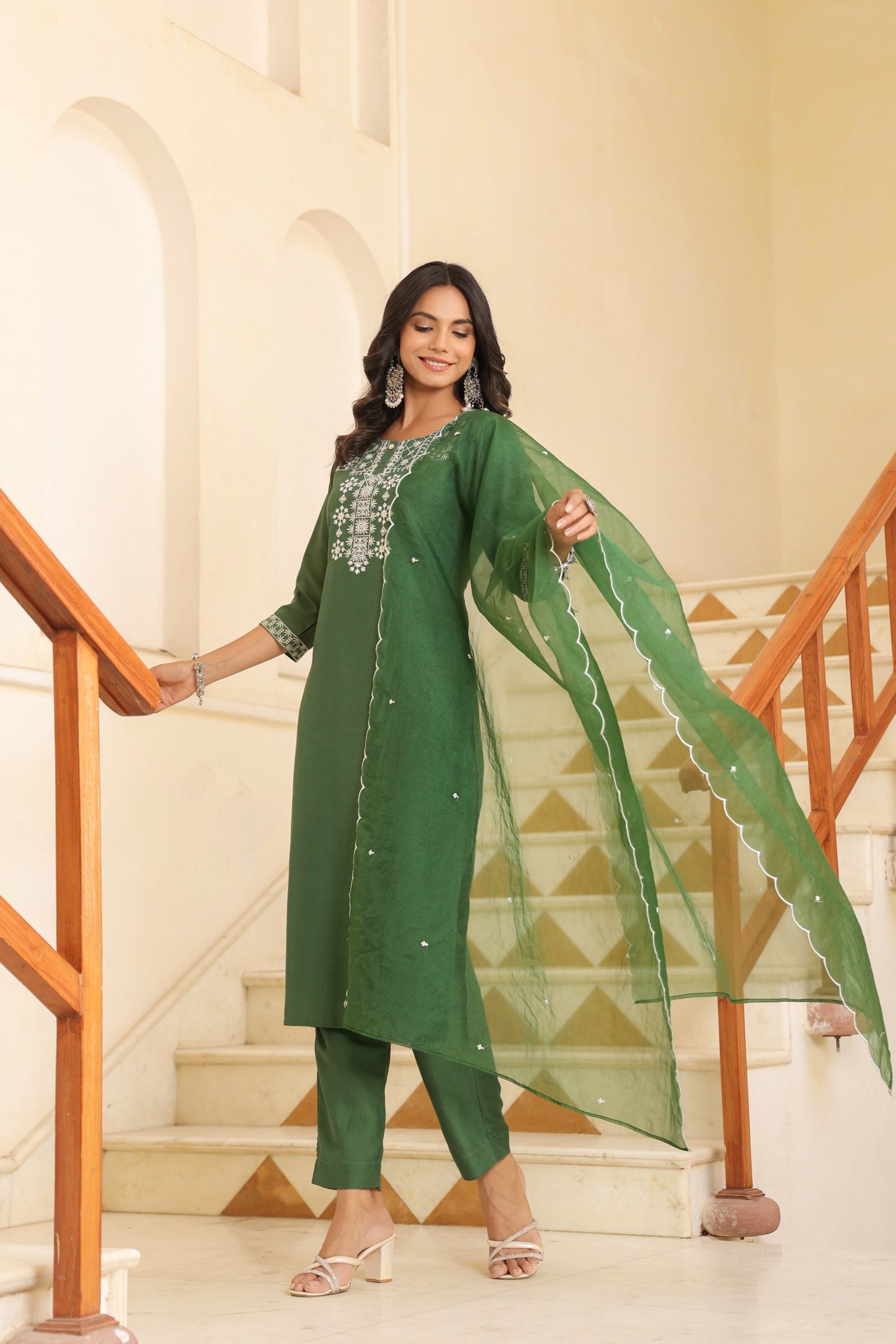 Green Simple Embroidered Kurta set With Bottom Wear and Dupatta