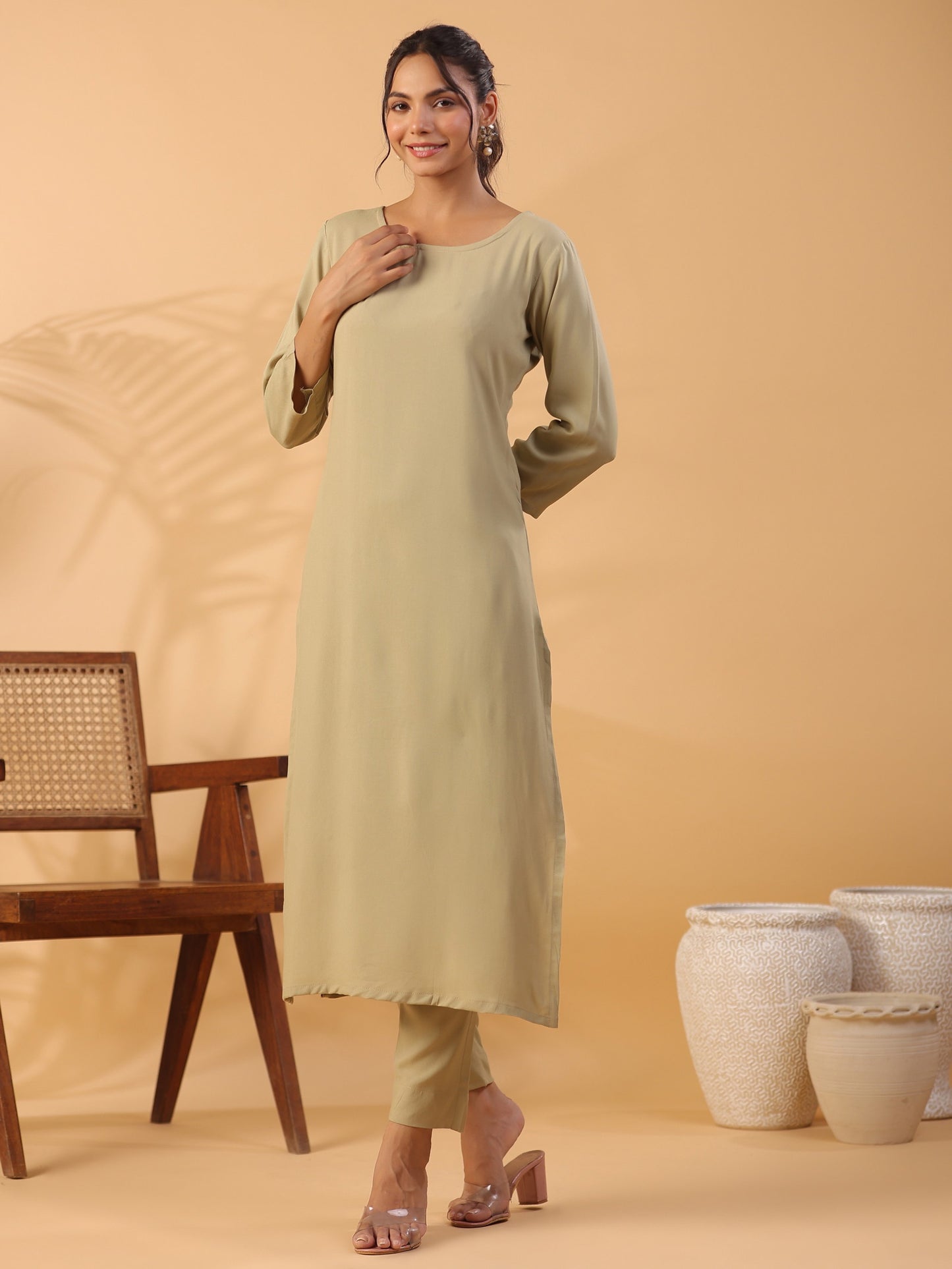 Beige Boat Neck Straight Kurta with Trousers