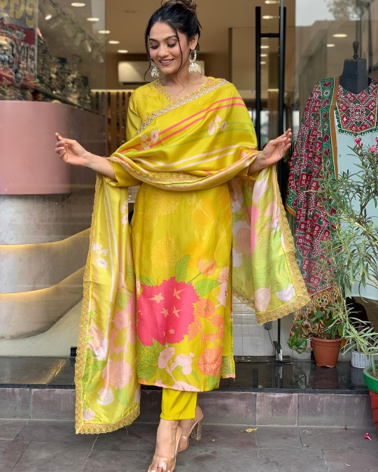 Yellow Beautiful and Simple Straight Kurta Set with Bottom and Dupatta