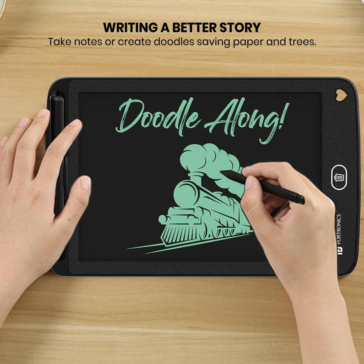 Portronics Ruffpad 8.5E Re-Writable LCD Writing Pad with Screen 21.5cm (8.5-inch) for Drawing, Playing, Handwriting Gifts for Kids & Adults, India's first notepad to save and share your child's first creatives via Ruffpad app on your Smartphone(Black) - My Store